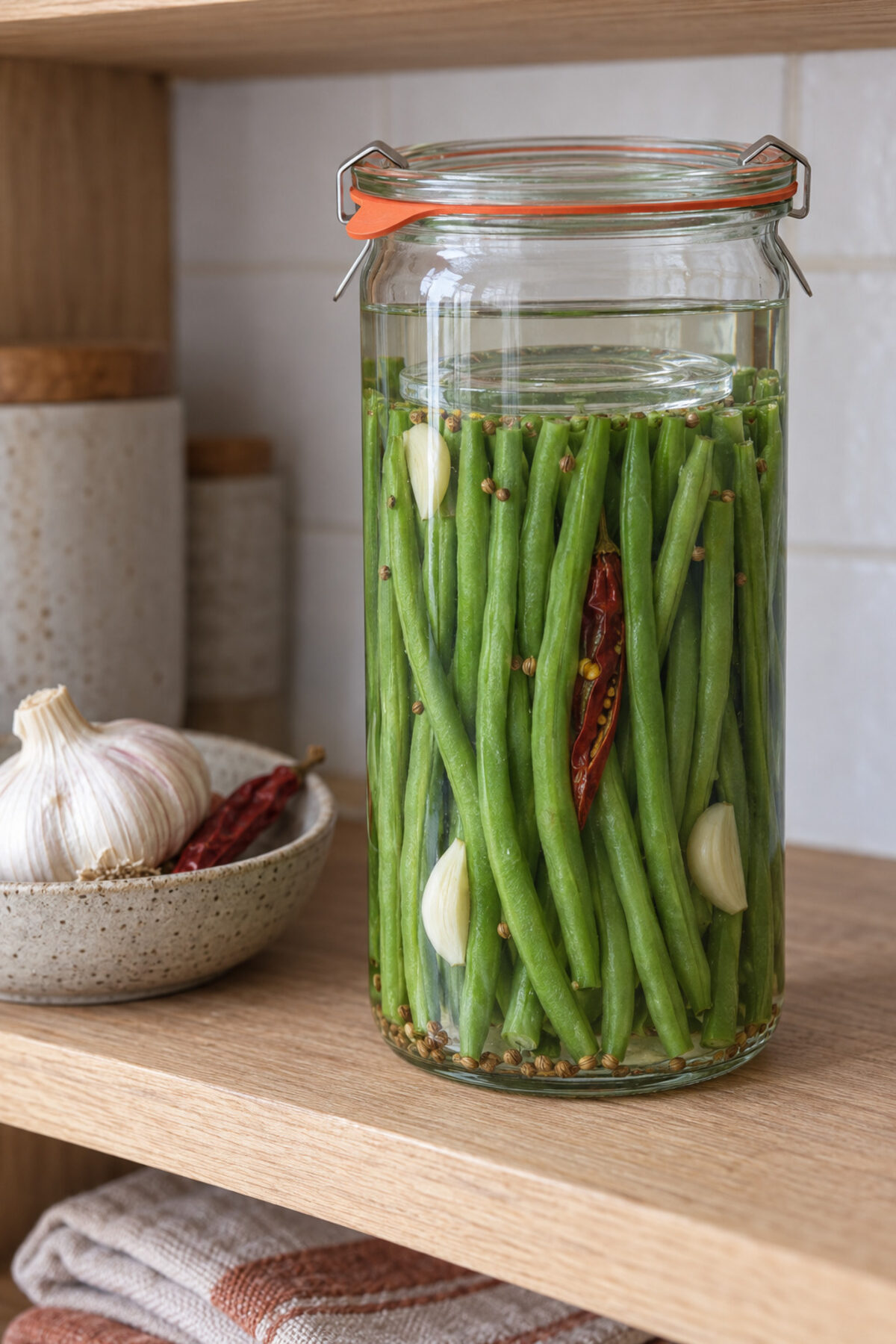 Judías verdes fermentadas con ajo, día 1