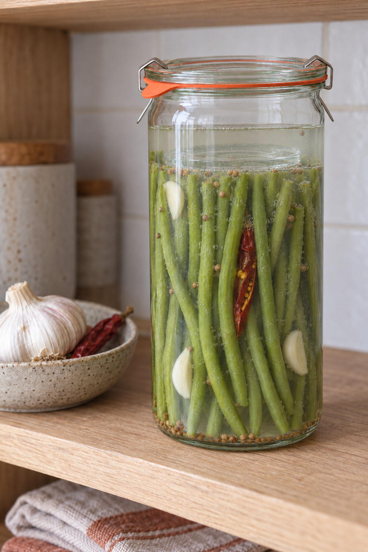 Judías verdes fermentadas con ajo, día 7