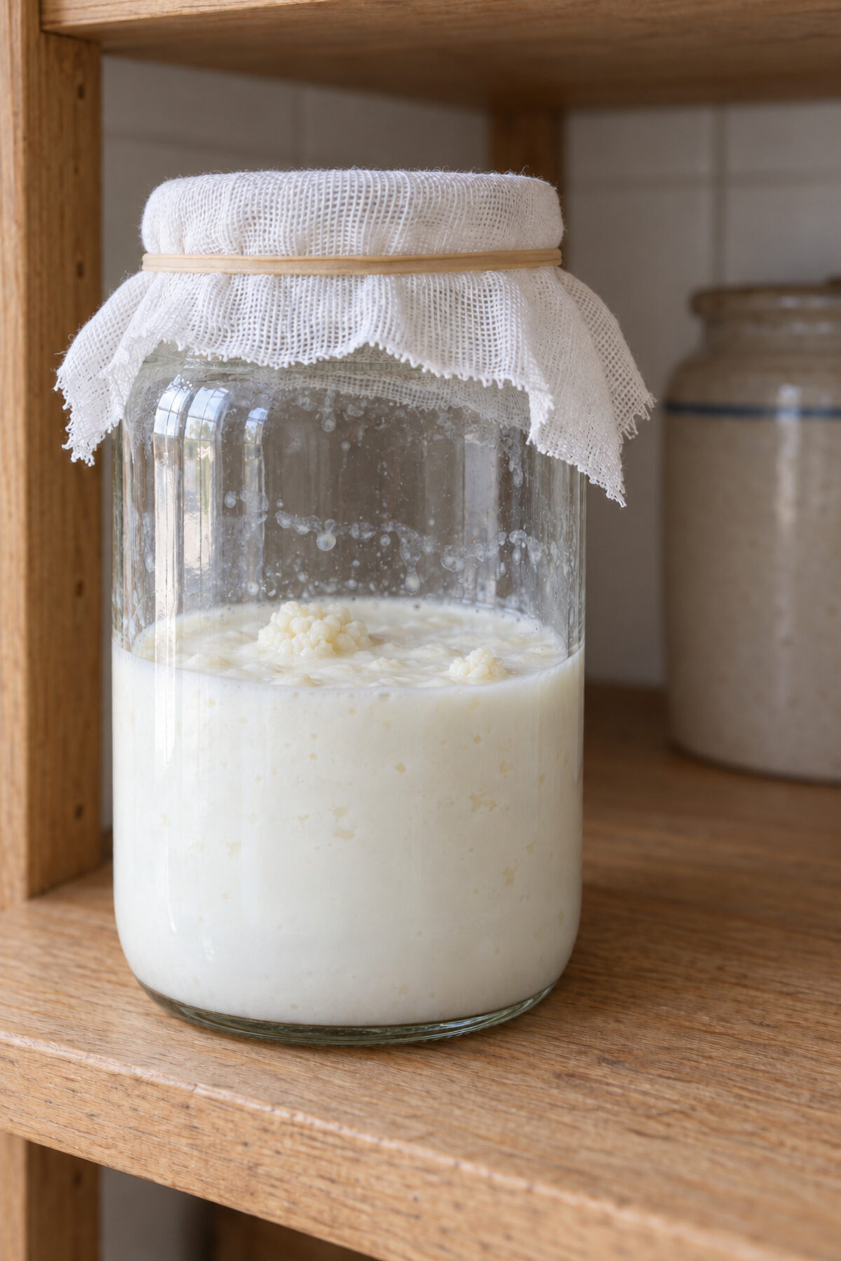 Tarro de kéfir de leche a las 24 horas en la despensa, algo espeso y tapado con una tela sujeta con una goma, con nódulos arriba