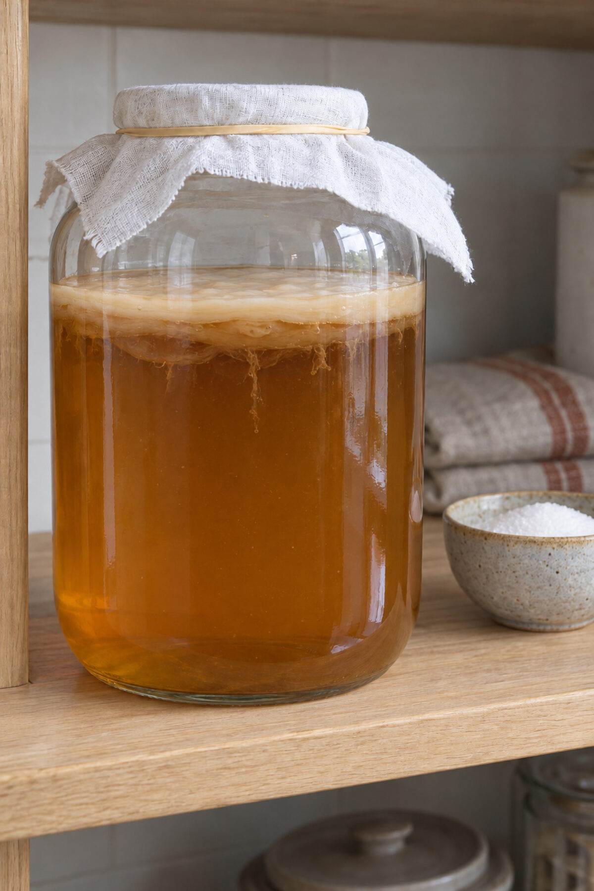 Tarro de kombucha tapado con una gasa, con una capa nueva de SCOBY en la superficie, al séptimo día