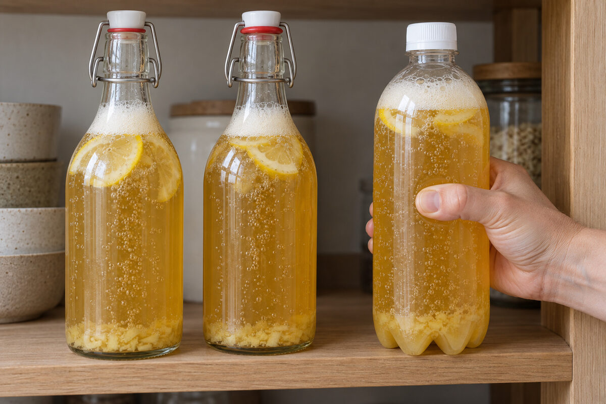 Bottles of ginger and lemon kombucha in their second fermentation, with foam under the caps; a hand squeezes the plastic testing bottle and it does not give: it is hard