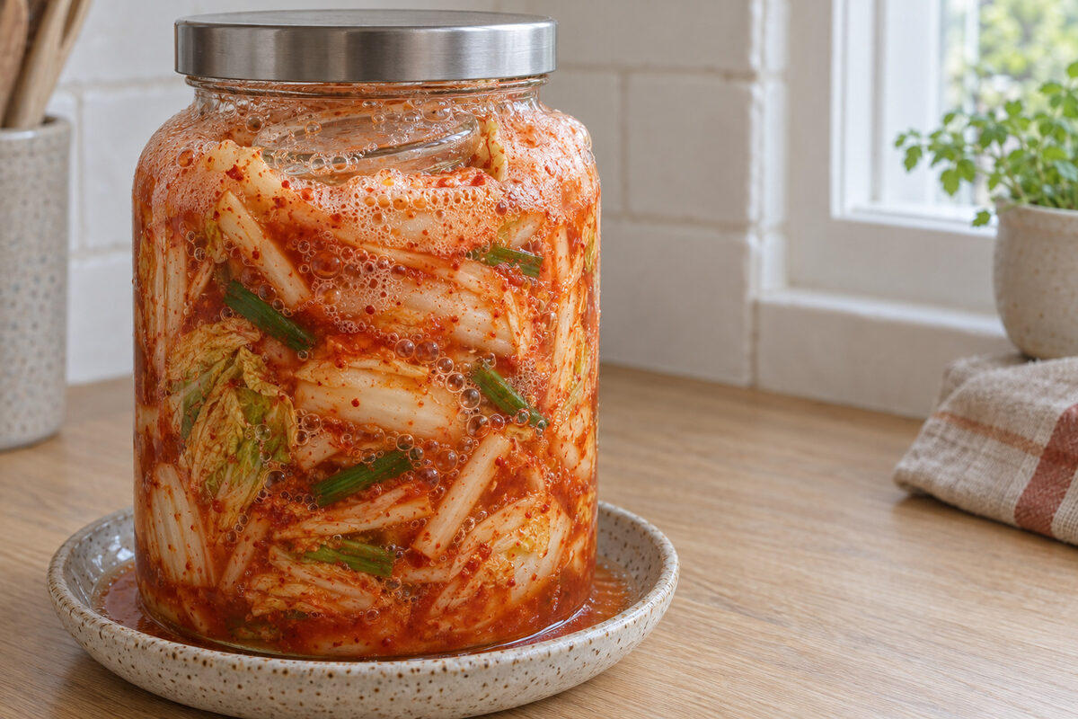 A jar of kimchi full of bubbles and foam up to the rim, on a stoneware plate that catches the brine that has run over