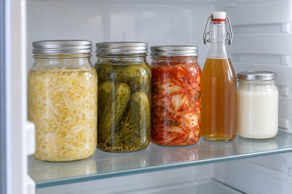 Fridge shelf with sauerkraut, pickles and kimchi in their jars, a bottle of kombucha and a jar of kefir, all closed