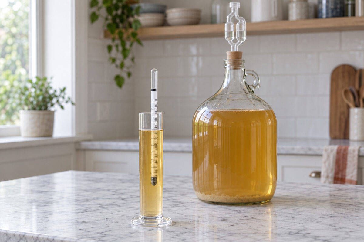 A hydrometer floating in a test jar with a sample of mead on the marble table; behind, the demijohn with its still airlock and the yeast sediment at the bottom