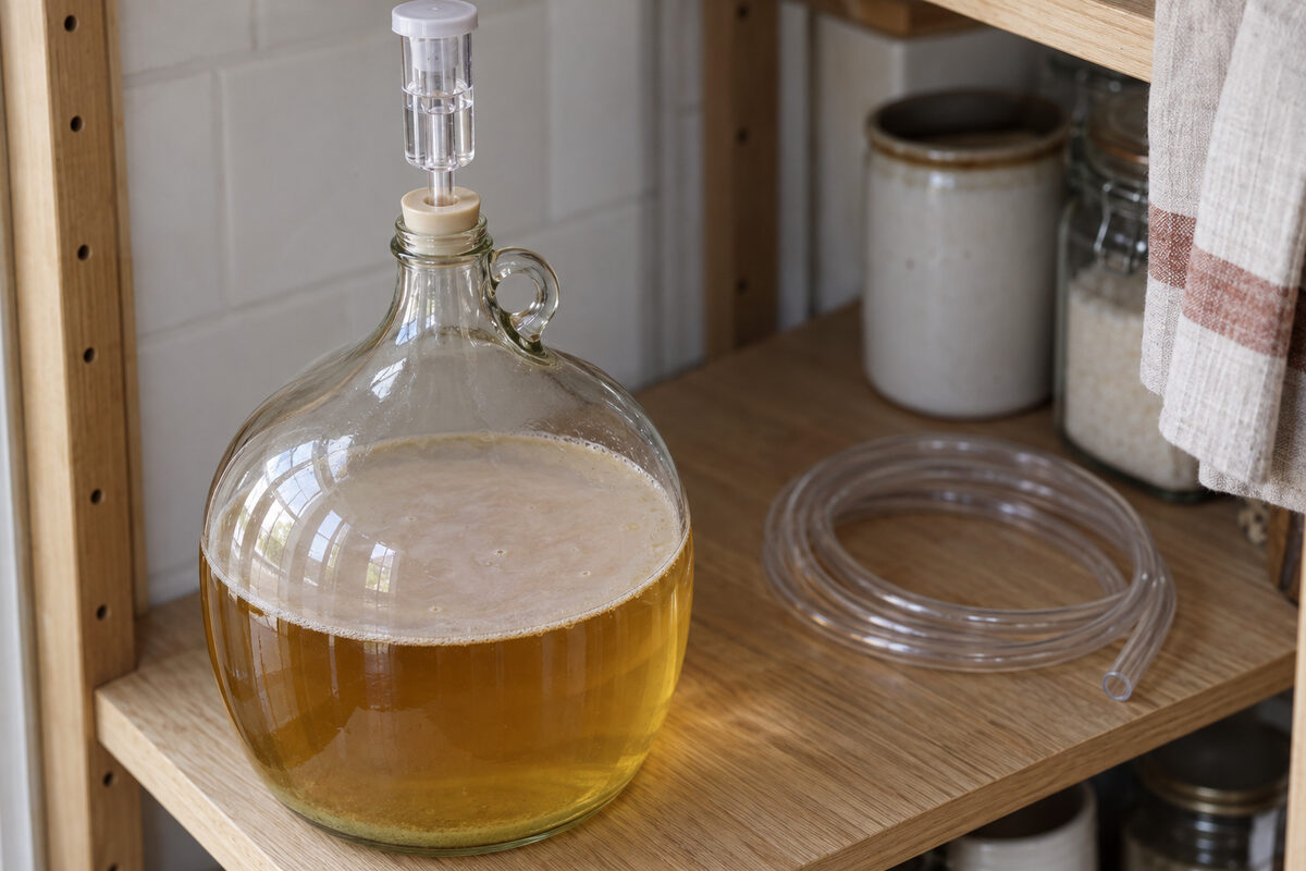 Demijohn of finished cider, only half full, with a thin, smooth, pale film on the surface; beside it, the siphon tube to rack it