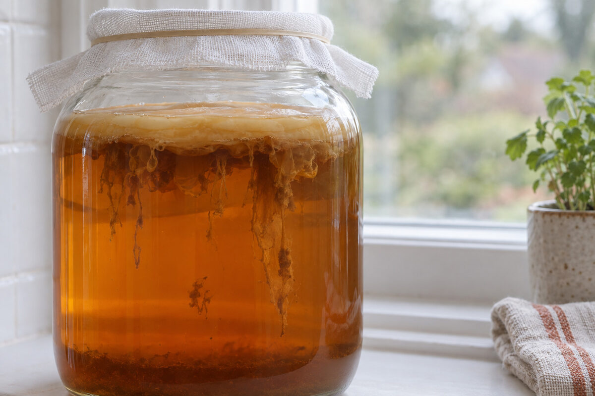 A big jar of kombucha covered with gauze, seen from the side by the window: brown strands of yeast hang from the SCOBY at the top, with dark sediment at the bottom