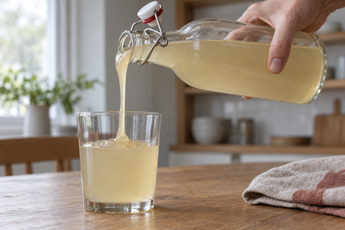 A hand pours water kefir from a swing-top bottle into a glass: it falls thick, like a syrup, in a stream that folds onto itself