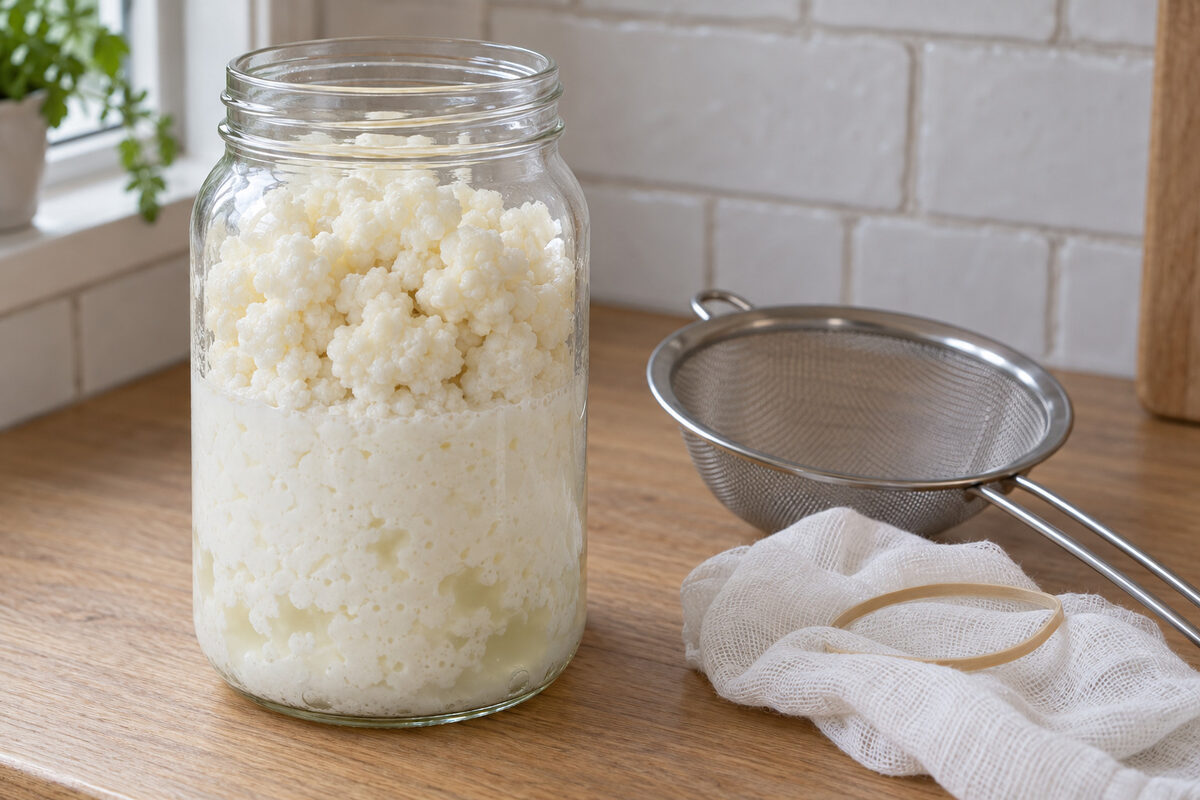 Tarro de kéfir de leche recién destapado, con un montón de nódulos que llena la parte de arriba; debajo, el kéfir espeso y cortado, con algo de suero amarillento