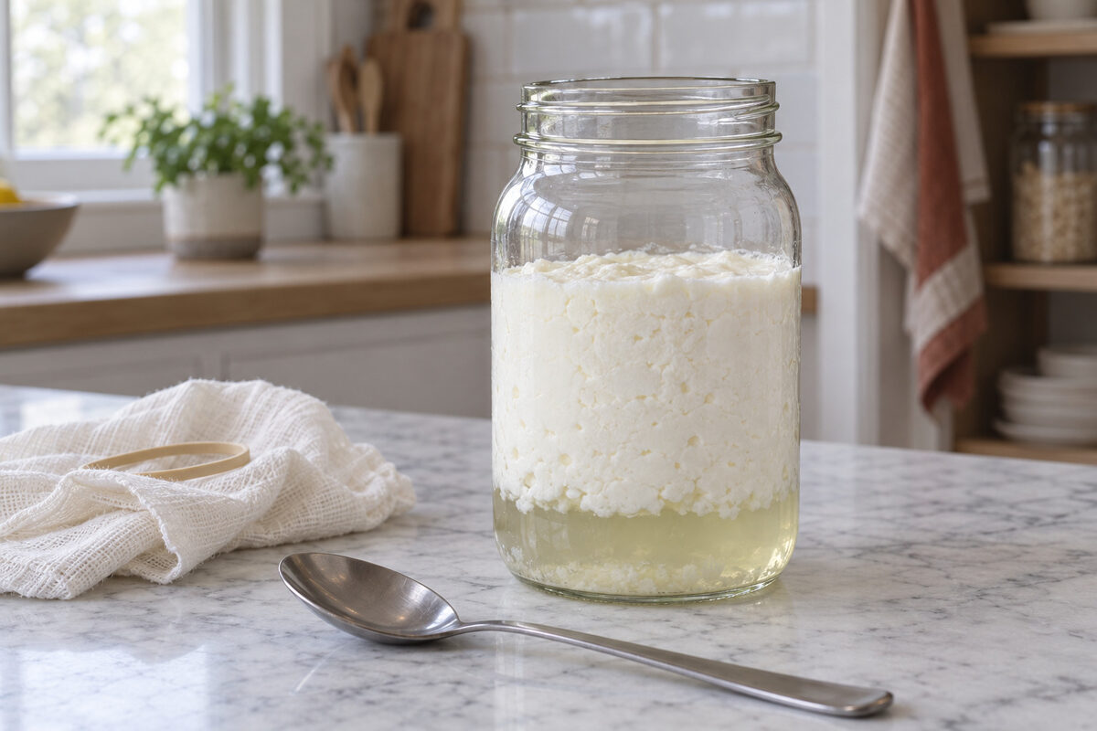 A jar of separated milk kefir on the marble table: a thick white mass above and a layer of yellowish whey below, with a spoon beside it