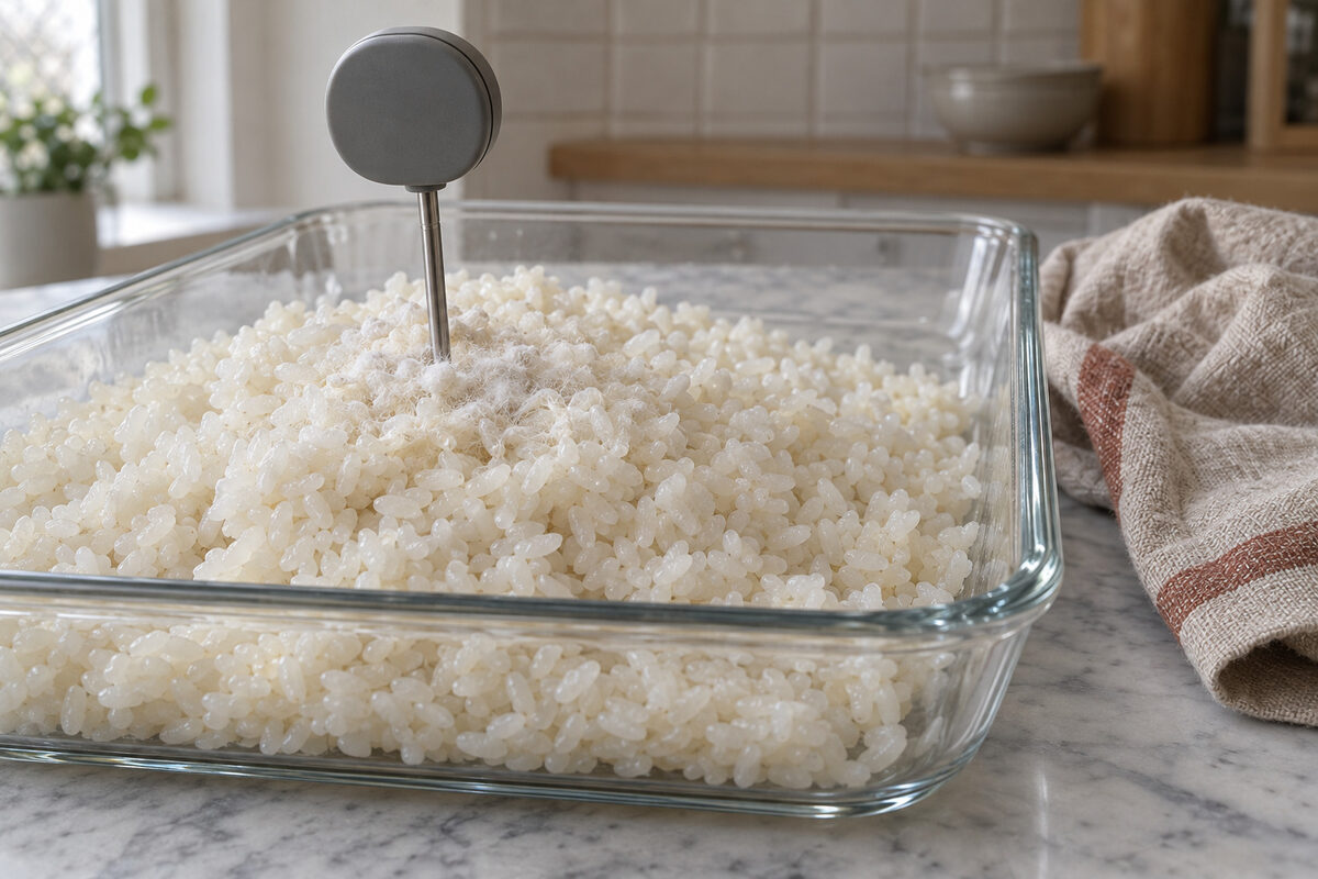 Fuente de arroz sembrado con esporas de koji hacia la hora 26, con el termómetro de sonda clavado: los granos siguen sueltos y desnudos, y solo hay una pelusa blanca muy fina en el centro