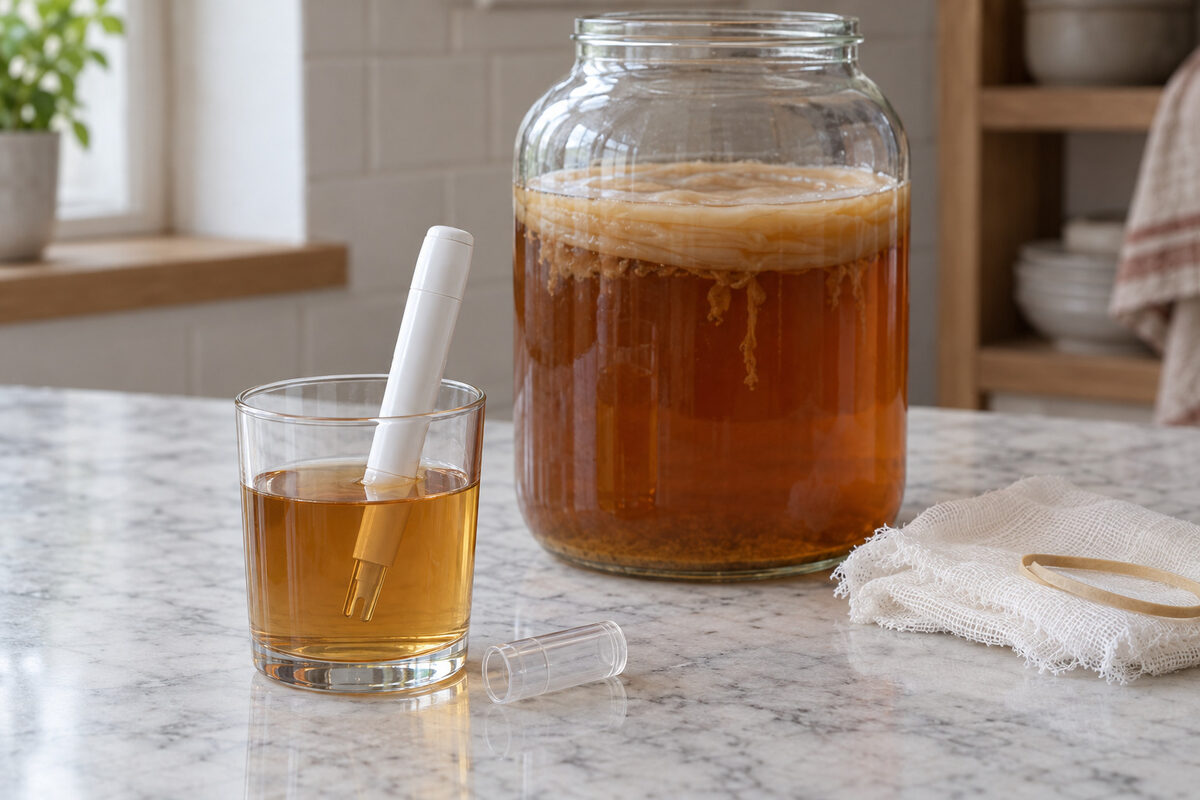 Vaso con un poco de kombucha y un medidor de pH metido en ella sobre la mesa de mármol; detrás, el tarro de kombucha con su SCOBY y la gasa doblada al lado