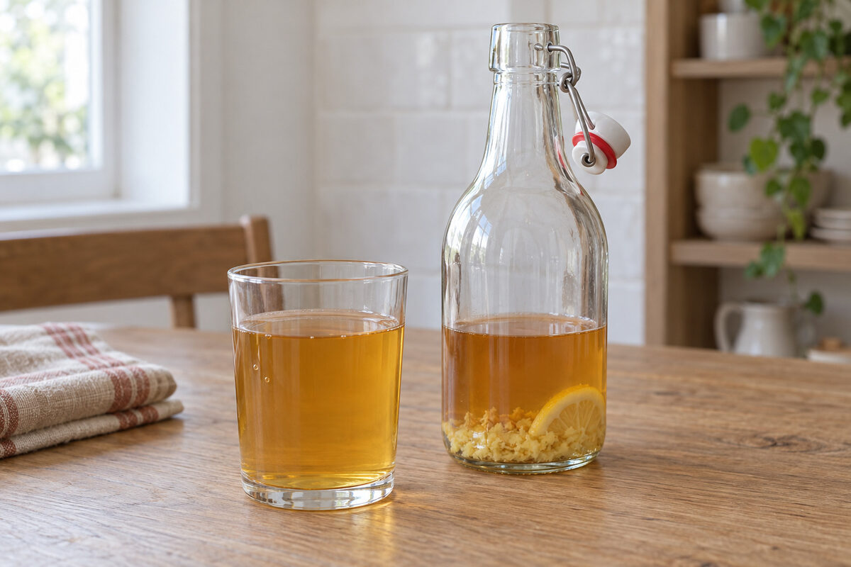 A glass of ginger and lemon kombucha with no bubbles on the dining table, next to the open swing-top bottle it was poured from