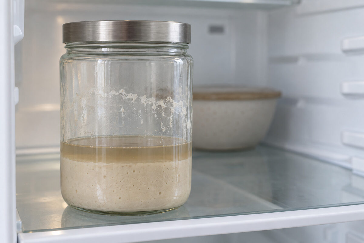 Tarro de masa madre en la nevera tras una semana sin alimentarla, con una capa de líquido gris parduzco encima: el hooch