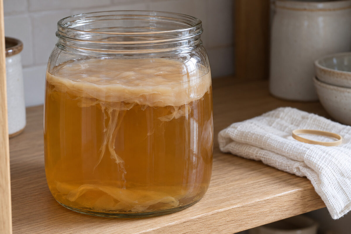 Tarro de vinagre de manzana casero con la madre arriba, una capa gelatinosa, lisa y de color crema que lo cubre de lado a lado, y algunas hebras y láminas translúcidas que cuelgan y se posan en el fondo