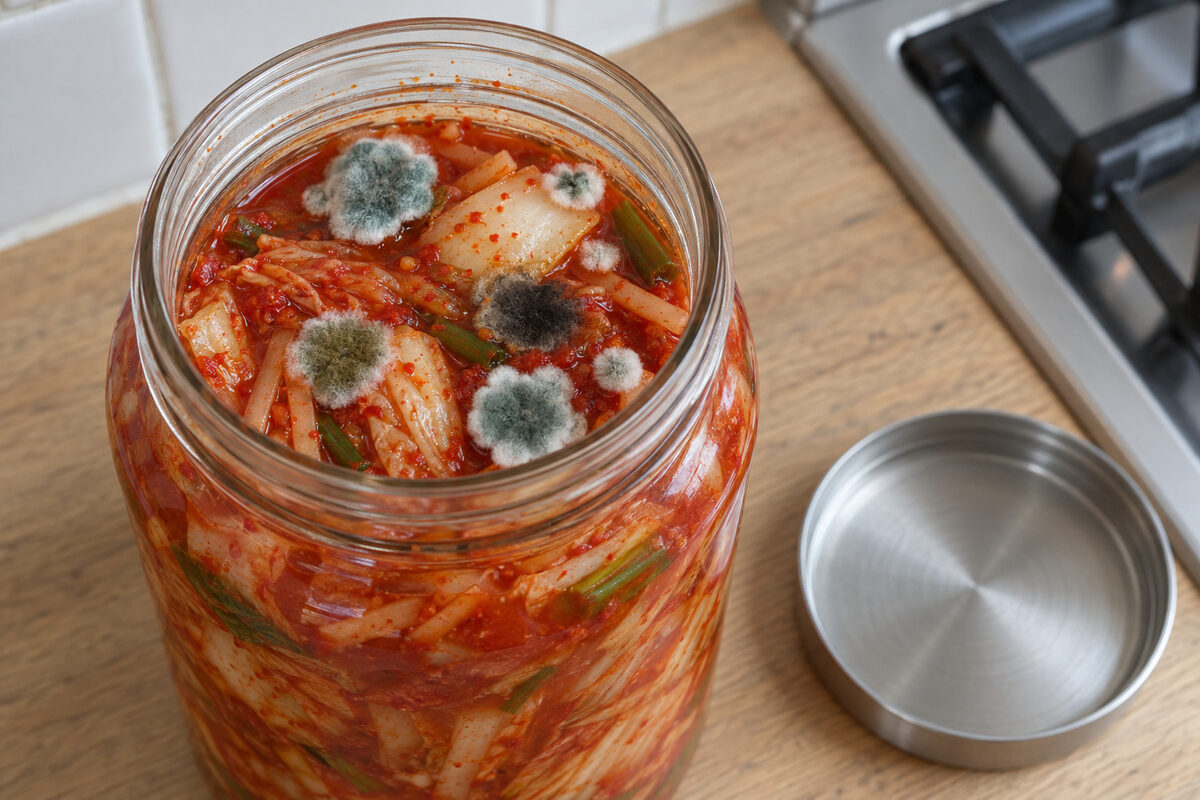 Tarro abierto de kimchi con manchas redondas de moho con pelusa sobre la superficie: verde azuladas con el borde blanco, una negra y otra verde oliva