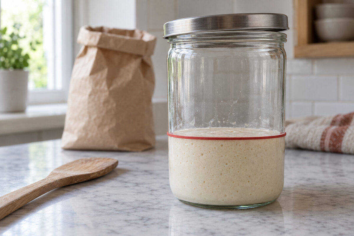 Jar of sourdough starter six hours after feeding: still level with the red rubber band, flat and with few bubbles