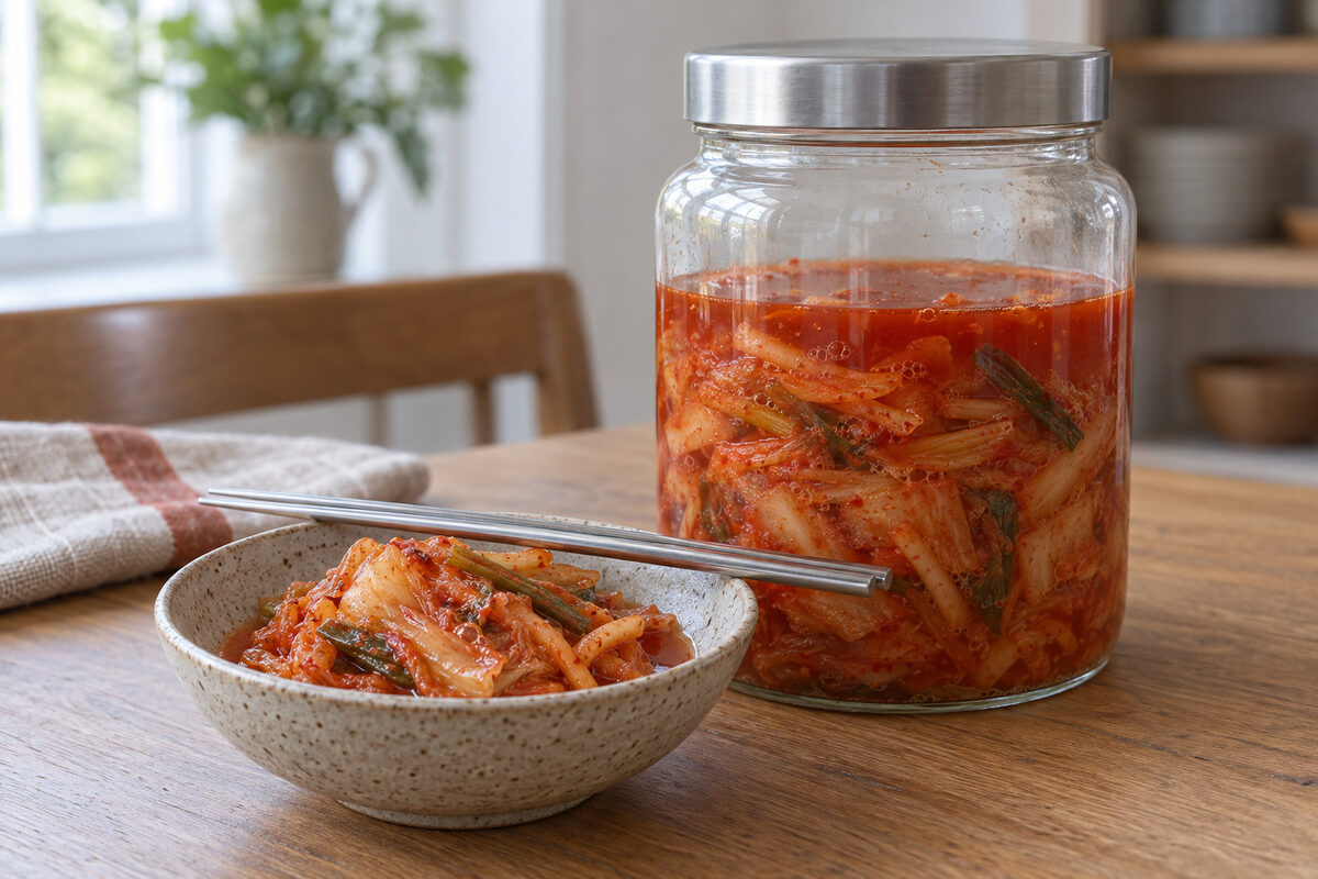 Bowl of well-aged kimchi, soft and translucent, with the opened jar behind it, the kimchi below its red liquid