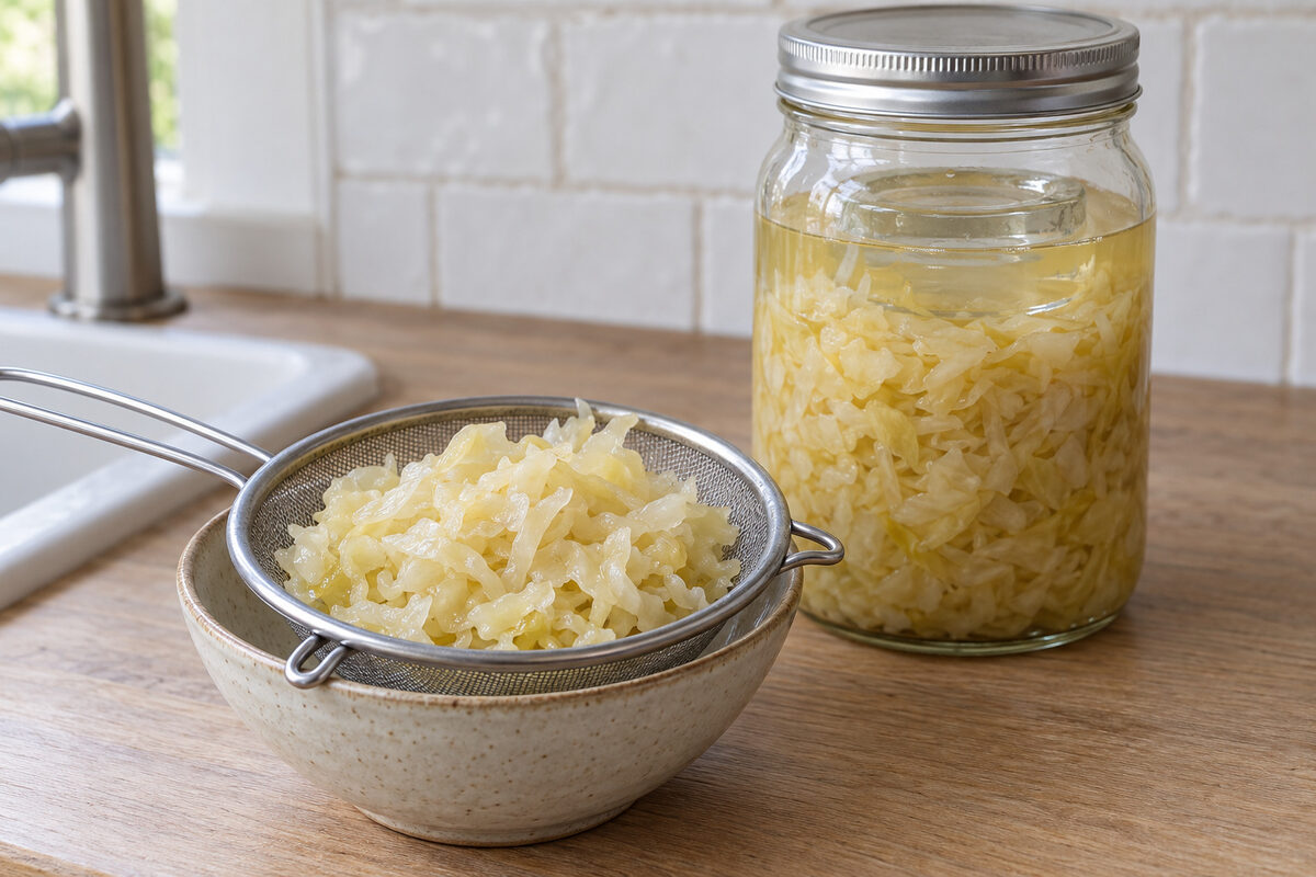 One serving of sauerkraut, just rinsed, drains in a sieve by the sink; behind it, the rest stays in its jar under the brine and the weight
