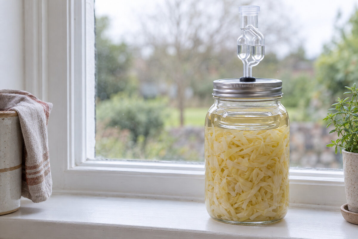 A jar of finished sauerkraut on the window sill, with a glass weight and a water airlock: the brine is still, with no bubbles