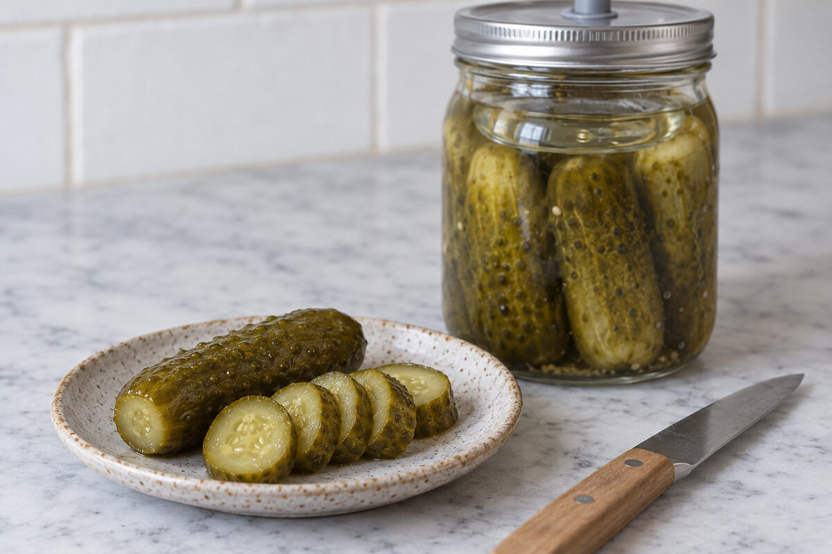 A fermented pickle cut into thick rounds that keep their shape, firm and olive green, beside a whole one on a plate, with the jar of pickles behind