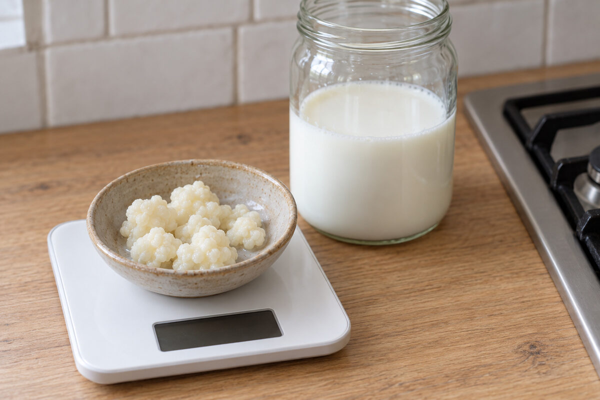 Nódulos de kéfir recién colados en un cuenco de gres sobre una báscula de cocina, junto al tarro de leche fresca que los espera