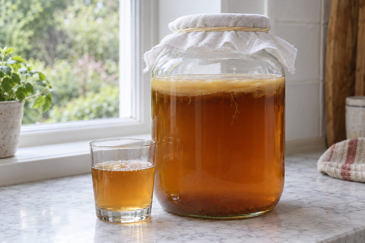 Tarro grande de kombucha al décimo día, tapado con gasa, con el SCOBY nuevo arriba y algún hilo de levadura; al lado, un vaso servido