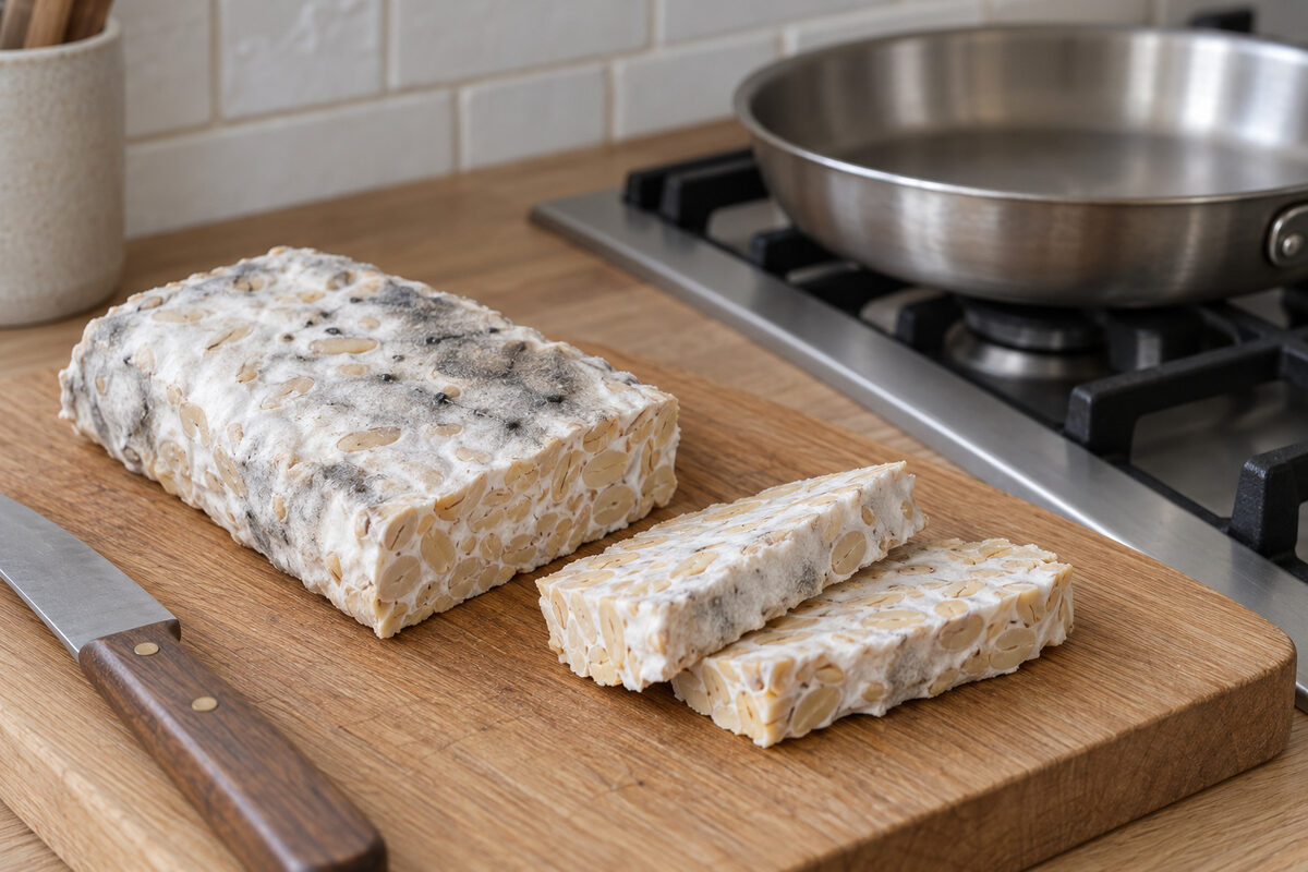 Overripe tempeh cake, still firm, with grey and black spore patches on its surface, sliced beside the hob and the frying pan