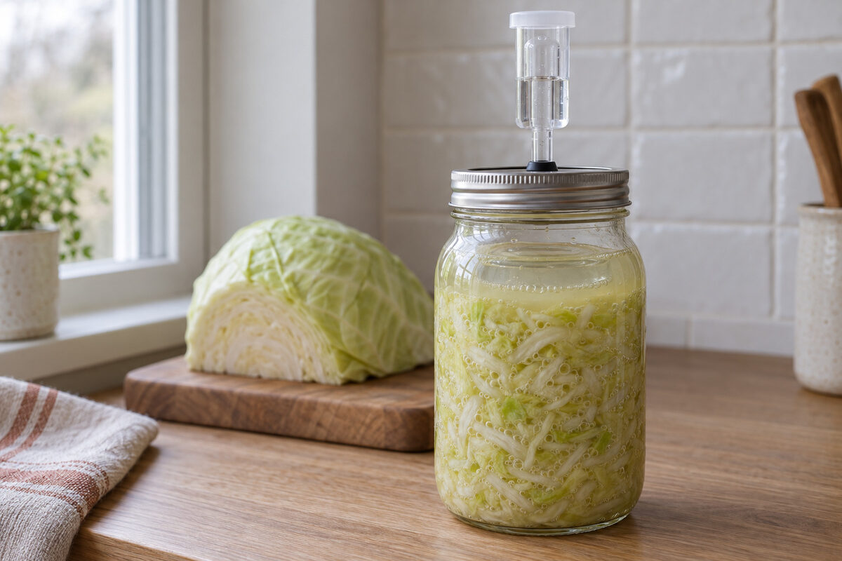 Jar of sauerkraut in its first week, the brine cloudy and full of bubbles, under a glass weight and with a water airlock in the lid
