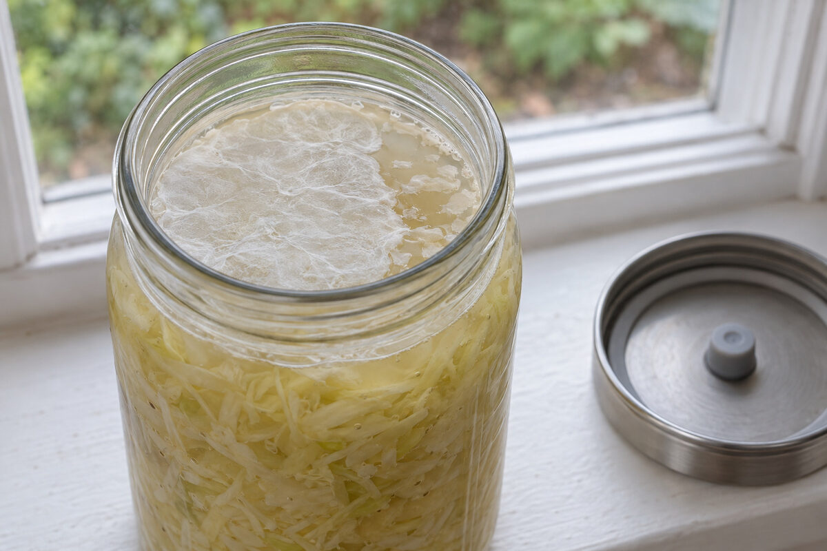 An open jar of sauerkraut with a flat, matte white film of kahm yeast on the brine, softly wrinkled and broken into a few loose patches at one side
