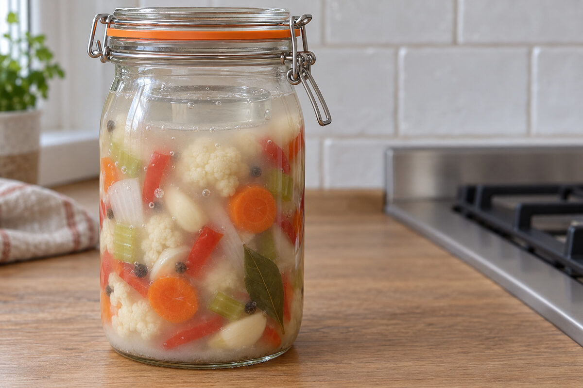 Tarro de giardiniera en su primera semana con la salmuera blanquecina y turbia, burbujas pequeñas pegadas al vidrio y la verdura bajo un peso de vidrio