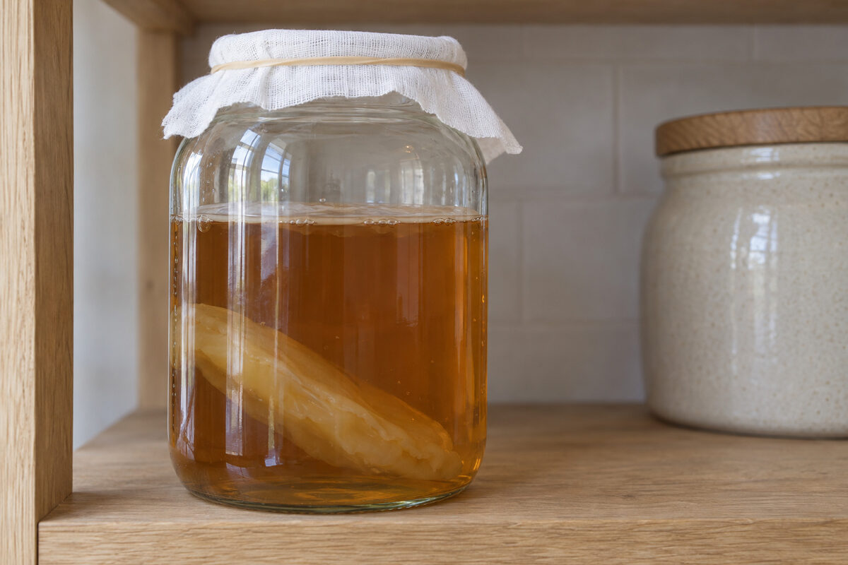 A jar of kombucha covered with gauze on a pantry shelf, with the SCOBY sunk and tilted at the bottom and a thin film starting to form at the top