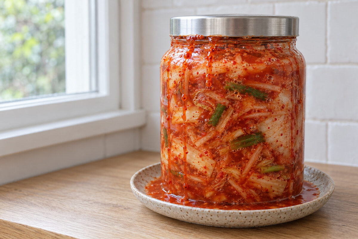 A very full jar of kimchi, full of bubbles, whose red brine has overflowed from under the closed lid, run down the glass and pooled on the plate beneath