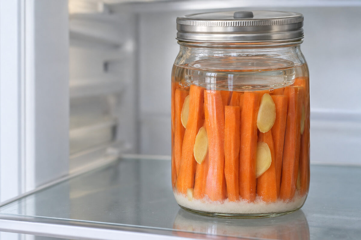 Tarro de zanahorias fermentadas en la nevera con una capa fina de poso blanco en el fondo, entre las puntas de las zanahorias, y la salmuera clara por encima