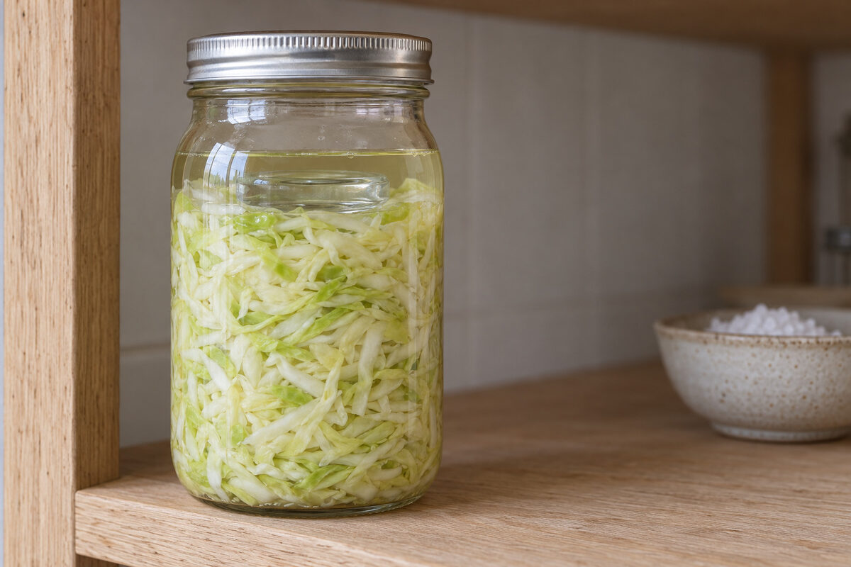 Jar of sauerkraut a week in, on a cool pantry shelf: the cabbage still looks raw, green and white, and the juice is almost clear, with no bubbles