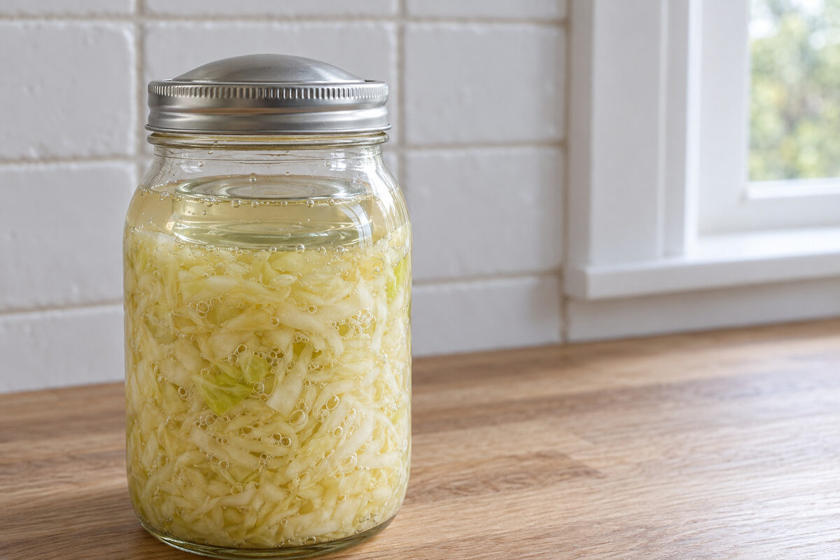 A jar of fermenting sauerkraut, with bubbles in the cabbage and a glass weight, closed with a metal lid domed by the gas