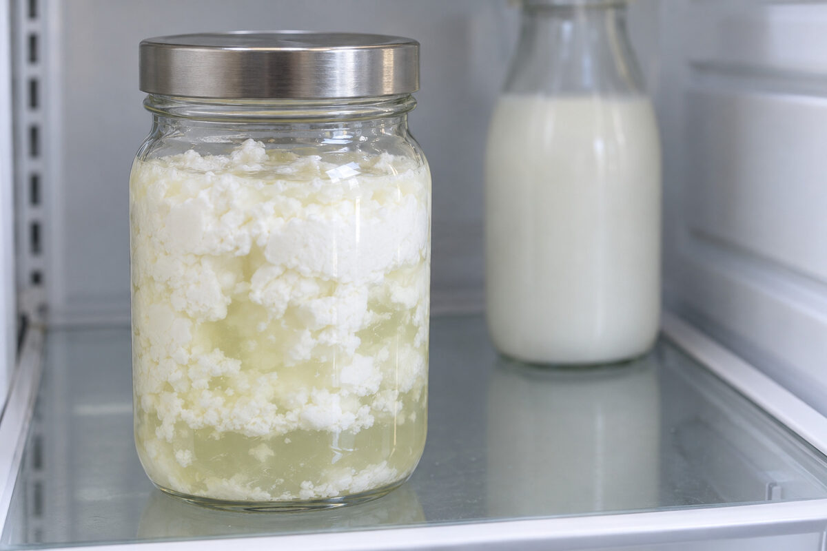 A jar of curdled homemade yogurt in the fridge: white lumps like cottage cheese floating in a lot of yellowish whey