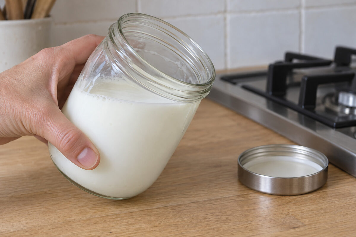 A hand tilts a jar of freshly incubated homemade yogurt beside the hob: it has not set and moves like milk