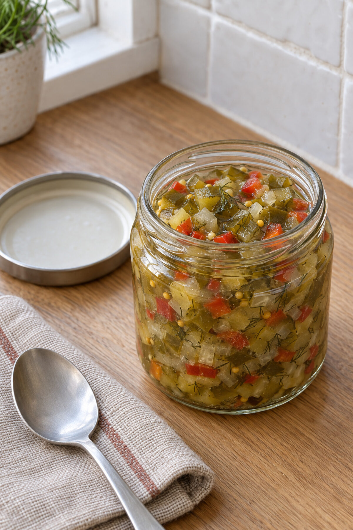 Tarro pequeño de relish de pepino fermentado, verde oliva con puntos rojos de pimiento, picado fino, con una cuchara